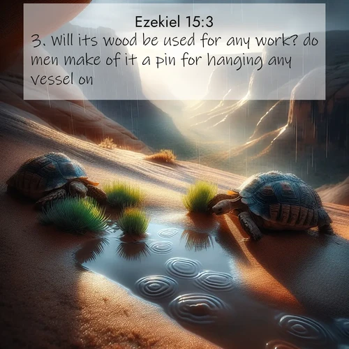 BasicEnglish Ezekiel  ; image nature: image with the bible verse :Will its wood be used for any work? do men make of it a pin for hanging any vessel on? ; Explore Bible verse images beautifully illustrated with spring scenes, such as blooming meadows, trees in full bloom, and tranquil streams. These landscapes convey divine hope and vitality. Download and share verses like KJV Ezekiel 15:3. Current verse is overlayed with the thematic nature scene : Desert tortoises emerge after summer rains. Thunder echoes through hidden canyons. ; 15:3