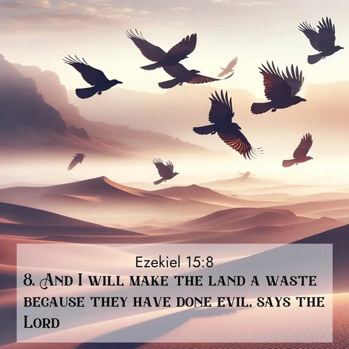 BasicEnglish Ezekiel  ; image nature: image with the bible verse :And I will make the land a waste because they have done evil, says the Lord. ; Dive into our collection of Bible verses paired with breathtaking desert landscapes, featuring infinite dunes, shaded oases, and desert sunsets. These images highlight the majestic grandeur of God&#039;s creation. Download and share verses like KJV Ezekiel 15:8. Current verse is overlayed with the thematic nature scene : Desert ravens soar on thermal currents. Their wings wear shadows like cloaks. ; 15:8