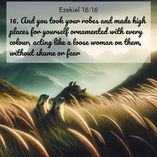 BasicEnglish Ezekiel  ; image nature: image with the bible verse :And you took your robes and made high places for yourself ornamented with every colour, acting like a loose woman on them, without shame or fear. ; Discover Bible images capturing the splendor of deserts, with golden dunes, vast skies, and peaceful oases. These landscapes highlight the grandeur and serenity of God&#039;s creation. Share verses like KJV Ezekiel 16:16. Current verse is overlayed with the thematic nature scene : Mountain meadow grasses bend in wind. Marmots whistle from rocky outcrops. ; 16:16