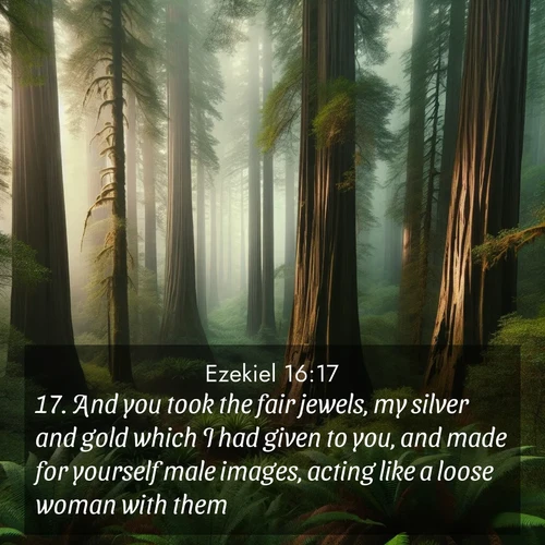 BasicEnglish Ezekiel  ; image nature: image with the bible verse :And you took the fair jewels, my silver and gold which I had given to you, and made for yourself male images, acting like a loose woman with them; ; Discover Bible verse images capturing the warmth of summer, with beach landscapes, sunlit fields, and clear skies. These bright scenes reflect divine joy. Share verses like KJV Ezekiel 16:17. Current verse is overlayed with the thematic nature scene : Coastal redwoods disappear into the fog high above a fern grove. ; 16:17