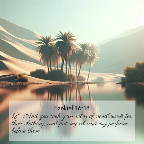 BasicEnglish Ezekiel  ; image nature: image with the bible verse :And you took your robes of needlework for their clothing, and put my oil and my perfume before them. ; Admire Bible images evoking autumn, with warm colors of fallen leaves, harvested fields, and tranquil woods. These inspiring landscapes reflect the transition and beauty of God&#039;s creation. Download verses like KJV Ezekiel 16:18. Current verse is overlayed with the thematic nature scene : A desert oasis shimmers in the midday heat, palm fronds rustling above still waters. ; 16:18
