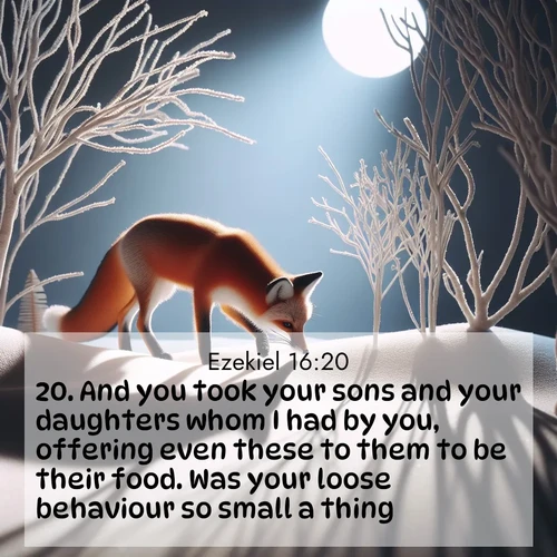 BasicEnglish Ezekiel  ; image nature: image with the bible verse :And you took your sons and your daughters whom I had by you, offering even these to them to be their food. Was your loose behaviour so small a thing, ; Explore a collection of inspiring Bible verse images accompanied by winter photos, such as snowy landscapes, frosted trees, and frozen lakes. These images reflect the peace and purity of God&#039;s creation, with elegant fonts and luminous colors. Download and share verses like KJV Ezekiel 16:20. Current verse is overlayed with the thematic nature scene : A red fox hunts through pristine snow. Moon shadows dance between bare trees. ; 16:20