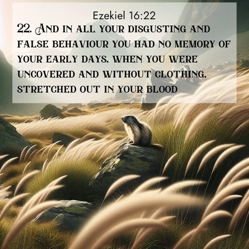 BasicEnglish Ezekiel  ; image nature: image with the bible verse :And in all your disgusting and false behaviour you had no memory of your early days, when you were uncovered and without clothing, stretched out in your blood. ; Admire stunning Bible verse images paired with photos of peaceful landscapes, such as foggy mornings, serene rivers, and blooming gardens. Download these free images and share verses like KJV Ezekiel 16:22. Current verse is overlayed with the thematic nature scene : Mountain meadow grasses bend in alpine wind. Marmots whistle warnings from rocky outcrops. ; 16:22