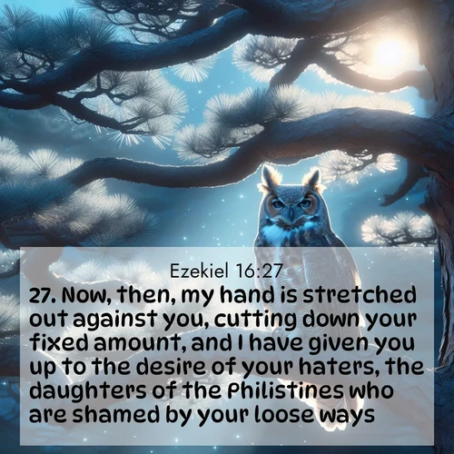 BasicEnglish Ezekiel  ; image nature: image with the bible verse :Now, then, my hand is stretched out against you, cutting down your fixed amount, and I have given you up to the desire of your haters, the daughters of the Philistines who are shamed by your loose ways. ; Dive into our collection of Bible verse images beautifully illustrated with beach photos, featuring gentle waves, sunsets over the sea, and sandy shores. These scenes evoke the peace and majesty of God. Download and share inspiring verses like KJV Ezekiel 16:27. Current verse is overlayed with the thematic nature scene : A great horned owl watches from ancient pine branches. Moonlight silvers its silent wings. ; 16:27