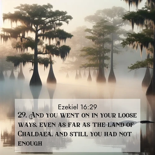 BasicEnglish Ezekiel  ; image nature: image with the bible verse :And you went on in your loose ways, even as far as the land of Chaldaea, and still you had not enough. ; Discover beautiful Bible verse images enriched with natural landscapes, from serene beaches to cascading waterfalls. All images are free and ready to download. Share verses such as KJV Ezekiel 16:29. Current verse is overlayed with the thematic nature scene : Morning fog clings to gnarled cypress trees in the swamp. An alligator glides silently through the dark water. ; 16:29