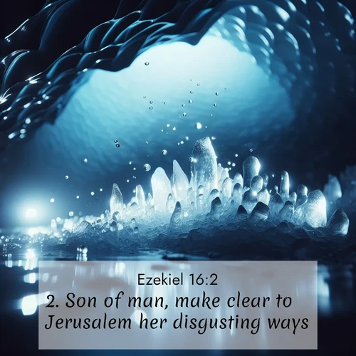 BasicEnglish Ezekiel  ; image nature: image with the bible verse :Son of man, make clear to Jerusalem her disgusting ways, ; Explore a stunning collection of Bible verse images featuring picturesque scenery like sun-drenched meadows, tranquil lakes, and majestic forests. All images are free to download and share. Verses include KJV Ezekiel 16:2. Current verse is overlayed with the thematic nature scene : Ice caves glow with ethereal blue light. Water drops create crystalline music. ; 16:2