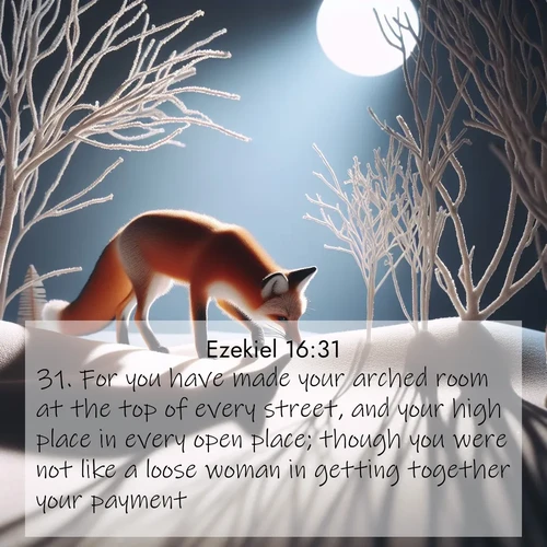 BasicEnglish Ezekiel  ; image nature: image with the bible verse :For you have made your arched room at the top of every street, and your high place in every open place; though you were not like a loose woman in getting together your payment. ; Discover Bible images adorned with spring landscapes, like tulip fields, cherry blossoms, and green hills. These bright scenes symbolize God&#039;s renewal and grace. Download verses like KJV Ezekiel 16:31. Current verse is overlayed with the thematic nature scene : A red fox hunts through pristine snow. Moon shadows dance between bare trees. ; 16:31
