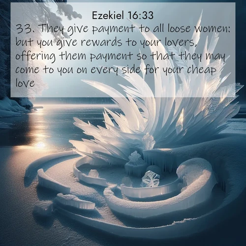 BasicEnglish Ezekiel  ; image nature: image with the bible verse :They give payment to all loose women: but you give rewards to your lovers, offering them payment so that they may come to you on every side for your cheap love. ; Admire Bible images evoking autumn, with warm colors of fallen leaves, harvested fields, and tranquil woods. These inspiring landscapes reflect the transition and beauty of God&#039;s creation. Download verses like KJV Ezekiel 16:33. Current verse is overlayed with the thematic nature scene : Winter ice forms abstract sculptures along a lake shore. ; 16:33