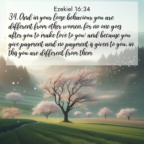 BasicEnglish Ezekiel  ; image nature: image with the bible verse :And in your loose behaviour you are different from other women, for no one goes after you to make love to you: and because you give payment and no payment is given to you, in this you are different from them. ; Explore Bible verses combined with serene beach photos, desert dunes, and infinite skies, highlighting God&#039;s majesty in every landscape. Download and share inspiring verses like KJV Ezekiel 16:34. Current verse is overlayed with the thematic nature scene : Spring winds scatter cherry blossoms like snow. ; 16:34