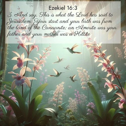 BasicEnglish Ezekiel  ; image nature: image with the bible verse :And say, This is what the Lord has said to Jerusalem: Your start and your birth was from the land of the Canaanite; an Amorite was your father and your mother was a Hittite. ; Discover tranquil Bible verse images enhanced with natural scenery like rippling brooks, snow-covered fields, and sunlit beaches. These free images are perfect for wallpapers or spiritual reflection. Share KJV Ezekiel 16:3. Current verse is overlayed with the thematic nature scene : Wild orchids bloom in rainforest canopy. Hummingbirds dance between delicate petals. ; 16:3
