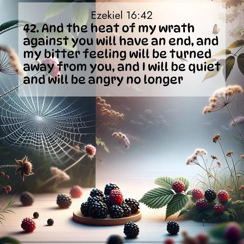 BasicEnglish Ezekiel  ; image nature: image with the bible verse :And the heat of my wrath against you will have an end, and my bitter feeling will be turned away from you, and I will be quiet and will be angry no longer. ; Explore Bible verses combined with serene beach photos, desert dunes, and infinite skies, highlighting God&#039;s majesty in every landscape. Download and share inspiring verses like KJV Ezekiel 16:42. Current verse is overlayed with the thematic nature scene : Wild blackberries ripen in secret hollows. Morning spider webs catch dew like diamonds. ; 16:42