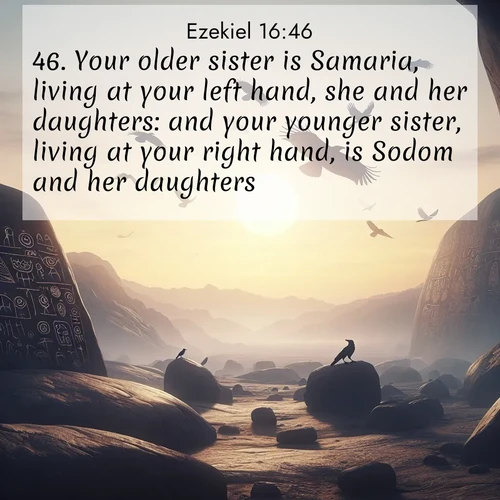 BasicEnglish Ezekiel  ; image nature: image with the bible verse :Your older sister is Samaria, living at your left hand, she and her daughters: and your younger sister, living at your right hand, is Sodom and her daughters. ; Browse a large collection of Bible verse images with photos showcasing the splendor of nature. Scenes of peaceful rivers, verdant valleys, and radiant skies enhance the inspiring verses. Each image reflects the serenity and joy of God&#039;s creation, with elegant text fonts. Download and share verses such as KJV Ezekiel 16:46. Current verse is overlayed with the thematic nature scene : Desert petroglyphs tell ancient stories. Ravens soar past wearing shadows for wings. ; 16:46