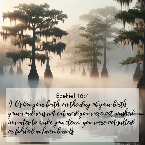 BasicEnglish Ezekiel  ; image nature: image with the bible verse :As for your birth, on the day of your birth your cord was not cut and you were not washed in water to make you clean; you were not salted or folded in linen bands. ; Explore winter-themed Bible verse images illustrated by snowy mountains, frost-covered branches, and clear skies. These landscapes reflect divine purity and peace. Download verses like KJV Ezekiel 16:4. Current verse is overlayed with the thematic nature scene : Morning fog clings to gnarled cypress trees in the swamp. An alligator glides silently through the dark water. ; 16:4