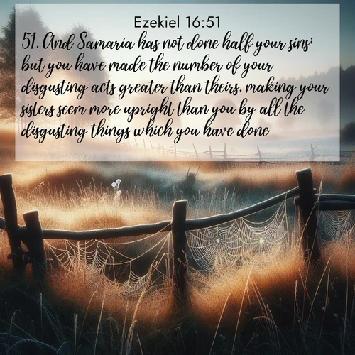 BasicEnglish Ezekiel  ; image nature: image with the bible verse :And Samaria has not done half your sins; but you have made the number of your disgusting acts greater than theirs, making your sisters seem more upright than you by all the disgusting things which you have done. ; Explore a gallery of beautiful Bible verse images with tranquil natural settings—perfect for phone backgrounds or inspirational posts. Download your favorite verses like KJV Ezekiel 16:51 today. Current verse is overlayed with the thematic nature scene : Morning frost coats spider webs stretched between fence posts in a country meadow. ; 16:51