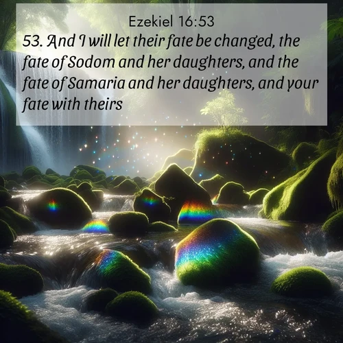BasicEnglish Ezekiel  ; image nature: image with the bible verse :And I will let their fate be changed, the fate of Sodom and her daughters, and the fate of Samaria and her daughters, and your fate with theirs. ; Admire Bible verse images featuring tranquil rivers, golden fields, and starry heavens. These free-to-download images make inspiring wallpapers or thoughtful gifts. Download KJV Ezekiel 16:53 now. Current verse is overlayed with the thematic nature scene : Rainbow prisms dance in a waterfall&#039;s spray. Moss glows emerald in filtered light. ; 16:53