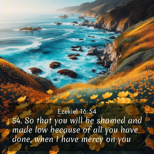 BasicEnglish Ezekiel  ; image nature: image with the bible verse :So that you will be shamed and made low because of all you have done, when I have mercy on you. ; Browse a gallery of Bible verses paired with summer scenes, such as golden wheat fields, bright skies, and sunny beaches. These images convey the joy and warmth of God&#039;s creation. Download and share verses like KJV Ezekiel 16:54. Current verse is overlayed with the thematic nature scene : Wild mustard flowers carpet coastal cliffs. Pacific waves provide endless percussion below. ; 16:54