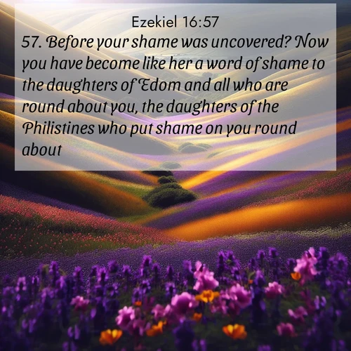 BasicEnglish Ezekiel  ; image nature: image with the bible verse :Before your shame was uncovered? Now you have become like her a word of shame to the daughters of Edom and all who are round about you, the daughters of the Philistines who put shame on you round about. ; Discover Bible verse images capturing the warmth of summer, with beach landscapes, sunlit fields, and clear skies. These bright scenes reflect divine joy. Share verses like KJV Ezekiel 16:57. Current verse is overlayed with the thematic nature scene : Spring wildflowers carpet rolling hills in purple and gold. ; 16:57