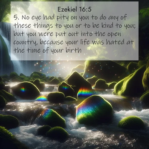 BasicEnglish Ezekiel  ; image nature: image with the bible verse :No eye had pity on you to do any of these things to you or to be kind to you; but you were put out into the open country, because your life was hated at the time of your birth. ; Explore our vast collection of images featuring beautifully illustrated Bible verses accompanied by nature photos. Discover inspiring and motivating verses paired with soothing landscapes, like shimmering lakes, majestic mountains, and lush forests. Our images highlight the peaceful beauty of God&#039;s creation with vibrant colors and varied fonts. Download and share verse images like KJV Ezekiel 16:5. Current verse is overlayed with the thematic nature scene : Rainbow prisms dance in a waterfall&#039;s spray. Moss glows emerald in filtered light. ; 16:5