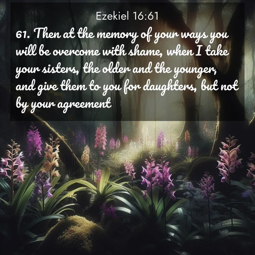 BasicEnglish Ezekiel  ; image nature: image with the bible verse :Then at the memory of your ways you will be overcome with shame, when I take your sisters, the older and the younger, and give them to you for daughters, but not by your agreement. ; Download high-resolution Bible verse images showcasing the beauty of God&#039;s creation—from radiant sunsets to tranquil rivers. Free for use as wallpapers or sharing verses like KJV Ezekiel 16:61. Current verse is overlayed with the thematic nature scene : Wild orchids bloom in forest shade. Filtered light reveals their grace. ; 16:61