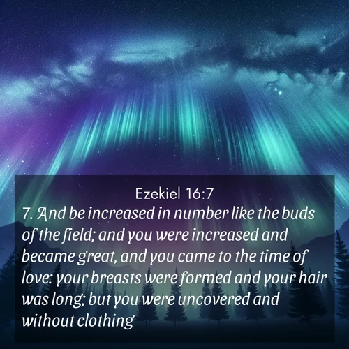 BasicEnglish Ezekiel  ; image nature: image with the bible verse :And be increased in number like the buds of the field; and you were increased and became great, and you came to the time of love: your breasts were formed and your hair was long; but you were uncovered and without clothing. ; Admire our gallery of Bible verse images paired with serene nature photography, featuring starlit skies, golden sands, and blooming wildflowers. Download and share verses like KJV Ezekiel 16:7. Current verse is overlayed with the thematic nature scene : Aurora borealis ripples like cosmic curtains. Pine trees stand sentinel beneath the light show. ; 16:7