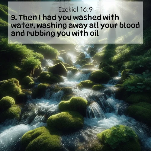 BasicEnglish Ezekiel  ; image nature: image with the bible verse :Then I had you washed with water, washing away all your blood and rubbing you with oil. ; Access a vast collection of Bible verse images illustrated with natural landscapes like calm rivers, blooming fields, and bright horizons. These images emphasize the serenity and splendor of God&#039;s creation, accompanied by aesthetic fonts and joyful colors. Download verses like KJV Ezekiel 16:9 and share them. Current verse is overlayed with the thematic nature scene : Mountain streams tumble through moss. Sunlight creates crystal prisms. ; 16:9