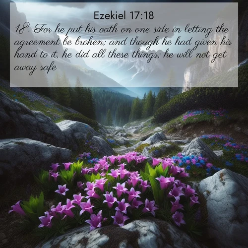 BasicEnglish Ezekiel  ; image nature: image with the bible verse :For he put his oath on one side in letting the agreement be broken; and though he had given his hand to it, he did all these things; he will not get away safe. ; Discover our curated gallery of Bible verse images with breathtaking scenery, from tranquil deserts to lush green pastures. Perfect for phone wallpapers or sharing online. Download verses like KJV Ezekiel 17:18. Current verse is overlayed with the thematic nature scene : Alpine gentians bloom in rocky crevices. Summer storms gather above treeline. ; 17:18