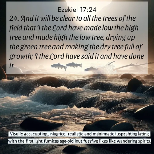 BasicEnglish Ezekiel  ; image nature: image with the bible verse :And it will be clear to all the trees of the field that I the Lord have made low the high tree and made high the low tree, drying up the green tree and making the dry tree full of growth; I the Lord have said it and have done it. ; Explore a winter collection of Bible verse images adorned with photos of icy landscapes, frozen waterfalls, and snow-covered forests. These scenes capture divine tranquility and purity. Download inspiring verses like KJV Ezekiel 17:24. Current verse is overlayed with the thematic nature scene : Wild salmon leap ancient rapids. Mist rises like spirits at dawn. ; 17:24