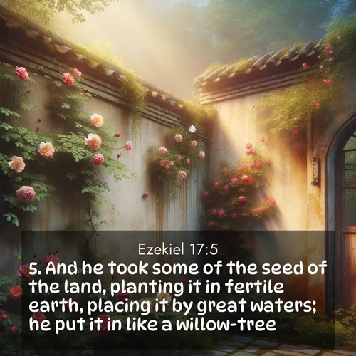BasicEnglish Ezekiel  ; image nature: image with the bible verse :And he took some of the seed of the land, planting it in fertile earth, placing it by great waters; he put it in like a willow-tree. ; Discover Bible images adorned with spring landscapes, like tulip fields, cherry blossoms, and green hills. These bright scenes symbolize God&#039;s renewal and grace. Download verses like KJV Ezekiel 17:5. Current verse is overlayed with the thematic nature scene : Wild roses climb abandoned walls. Time stands still in secret gardens. ; 17:5