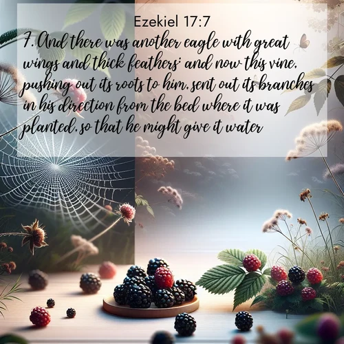BasicEnglish Ezekiel  ; image nature: image with the bible verse :And there was another eagle with great wings and thick feathers: and now this vine, pushing out its roots to him, sent out its branches in his direction from the bed where it was planted, so that he might give it water. ; Admire Bible verse images capturing the beauty of beaches, with turquoise waters, palm trees, and peaceful shores. These soothing scenes reflect God&#039;s serenity and majesty. Download and share verses like KJV Ezekiel 17:7. Current verse is overlayed with the thematic nature scene : Wild blackberries ripen in secret hollows. Morning spider webs catch dew like diamonds. ; 17:7
