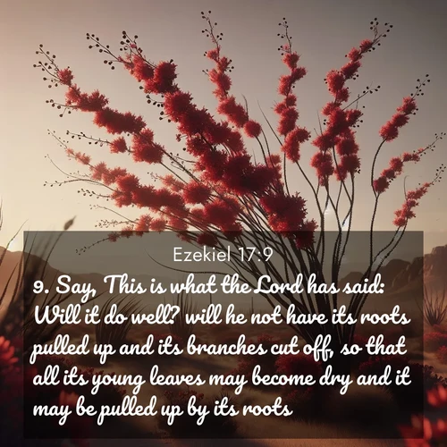 BasicEnglish Ezekiel  ; image nature: image with the bible verse :Say, This is what the Lord has said: Will it do well? will he not have its roots pulled up and its branches cut off, so that all its young leaves may become dry and it may be pulled up by its roots? ; Explore a collection of inspiring Bible verse images accompanied by winter photos, such as snowy landscapes, frosted trees, and frozen lakes. These images reflect the peace and purity of God&#039;s creation, with elegant fonts and luminous colors. Download and share verses like KJV Ezekiel 17:9. Current verse is overlayed with the thematic nature scene : Desert ocotillo flames crimson red. Wind sings through thorny branches. ; 17:9