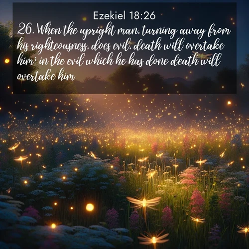 BasicEnglish Ezekiel  ; image nature: image with the bible verse :When the upright man, turning away from his righteousness, does evil, death will overtake him; in the evil which he has done death will overtake him. ; Discover Bible images adorned with spring landscapes, like tulip fields, cherry blossoms, and green hills. These bright scenes symbolize God&#039;s renewal and grace. Download verses like KJV Ezekiel 18:26. Current verse is overlayed with the thematic nature scene : Fireflies dance above a spring meadow filled with singing crickets. ; 18:26