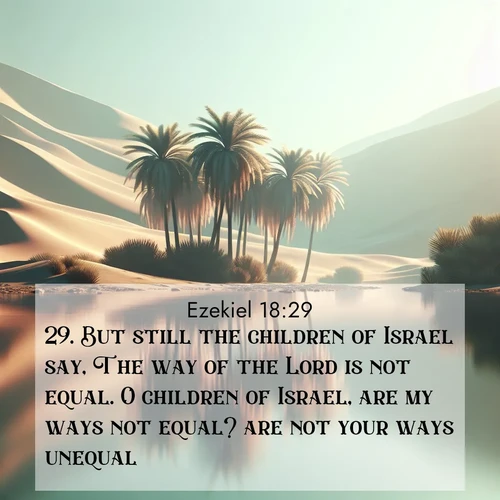 BasicEnglish Ezekiel  ; image nature: image with the bible verse :But still the children of Israel say, The way of the Lord is not equal. O children of Israel, are my ways not equal? are not your ways unequal? ; Explore Bible verses combined with serene beach photos, desert dunes, and infinite skies, highlighting God&#039;s majesty in every landscape. Download and share inspiring verses like KJV Ezekiel 18:29. Current verse is overlayed with the thematic nature scene : A desert oasis shimmers in the midday heat, palm fronds rustling above still waters. ; 18:29