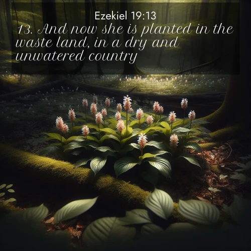 BasicEnglish Ezekiel  ; image nature: image with the bible verse :And now she is planted in the waste land, in a dry and unwatered country. ; Discover our curated gallery of Bible verse images with breathtaking scenery, from tranquil deserts to lush green pastures. Perfect for phone wallpapers or sharing online. Download verses like KJV Ezekiel 19:13. Current verse is overlayed with the thematic nature scene : Wild ginger blooms hidden in forest shadows. Filtered sunlight reveals their secret beauty. ; 19:13