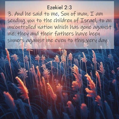 BasicEnglish Ezekiel  ; image nature: image with the bible verse :And he said to me, Son of man, I am sending you to the children of Israel, to an uncontrolled nation which has gone against me: they and their fathers have been sinners against me even to this very day. ; Explore a collection of Bible verses paired with springtime scenes, featuring blooming flowers, lush meadows, and trees in full bloom. These images symbolize divine renewal and hope. Download inspiring verses like KJV Ezekiel 2:3. Current verse is overlayed with the thematic nature scene : Winter sunrise illuminates frost-covered prairie grass. ; 2:3