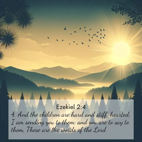 BasicEnglish Ezekiel  ; image nature: image with the bible verse :And the children are hard and stiff-hearted; I am sending you to them: and you are to say to them, These are the words of the Lord. ; Explore a unique collection of Bible verses illustrated by winter landscapes, such as snowy mountains, frosty forests, and starry skies. These images capture the peace and beauty of winter. Share verses like KJV Ezekiel 2:4. Current verse is overlayed with the thematic nature scene : Morning mist reveals hidden valleys. Birdsong heralds the dawn. ; 2:4