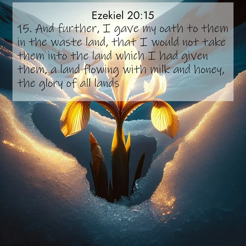 BBE Ezekiel 20:15 overlaying nature image scene: Wild iris breaks through melting snow. Alpine light ignites its petals.;15. And further, I gave my oath to them in the waste land, that I would not take them into the land which I had given them, a land flowing with milk and honey, the glory of all lands;