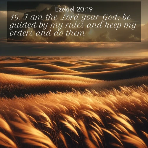 BBE Ezekiel 20:19 overlaying nature image scene: Prairie grass waves like a golden ocean. Storm clouds build towers on the horizon.;19. I am the Lord your God; be guided by my rules and keep my orders and do them: