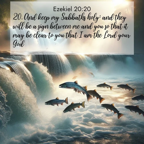BBE Ezekiel 20:20 overlaying nature image scene: Wild salmon leap ancient waterfalls. Mist rises like spirits in morning light.;20. And keep my Sabbaths holy; and they will be a sign between me and you so that it may be clear to you that I am the Lord your God.