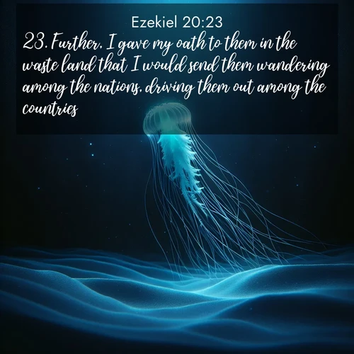 BBE Ezekiel 20:23 overlaying nature image scene: A lone jellyfish pulses through midnight waters. Its bioluminescent tendrils paint trails of azure light in the depths.;23. Further, I gave my oath to them in the waste land that I would send them wandering among the nations, driving them out among the countries;
