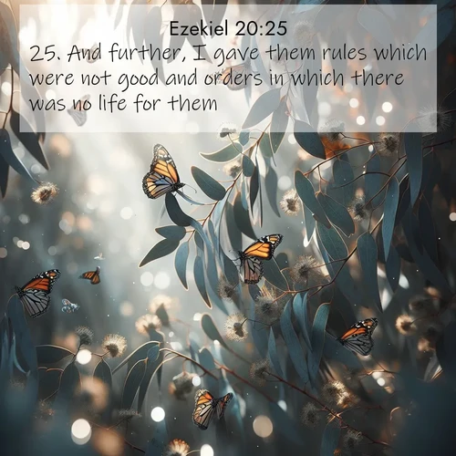 BBE Ezekiel 20:25 overlaying nature image scene: Monarch butterflies cluster on eucalyptus branches in winter sun.;25. And further, I gave them rules which were not good and orders in which there was no life for them;