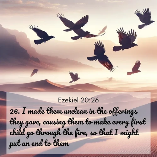 BBE Ezekiel 20:26 overlaying nature image scene: Desert ravens soar on thermal currents. Their wings wear shadows like cloaks.;26. I made them unclean in the offerings they gave, causing them to make every first child go through the fire, so that I might put an end to them.
