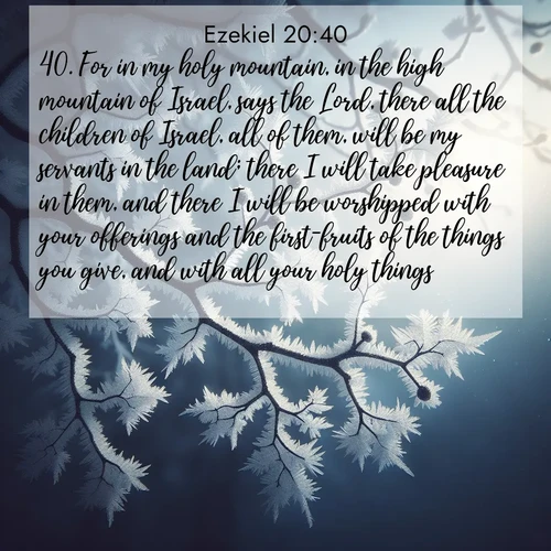 BBE Ezekiel 20:40 overlaying nature image scene: Winter frost coats bare branches in delicate crystal.;40. For in my holy mountain, in the high mountain of Israel, says the Lord, there all the children of Israel, all of them, will be my servants in the land; there I will take pleasure in them, and there I will be worshipped with your offerings and the first-fruits of the things you give, and with all your holy things.