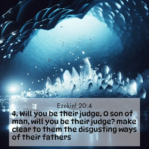 BBE Ezekiel 20:4 overlaying nature image scene: Ice caves glow with ethereal blue light. Water drops create crystalline music.;4. Will you be their judge, O son of man, will you be their judge? make clear to them the disgusting ways of their fathers,
