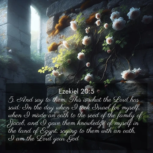 BBE Ezekiel 20:5 overlaying nature image scene: Wild roses climb abandoned stone walls. Time stands still in the secret garden.;5. And say to them, This is what the Lord has said: In the day when I took Israel for myself, when I made an oath to the seed of the family of Jacob, and I gave them knowledge of myself in the land of Egypt, saying to them with an oath, I am the Lord your God;
