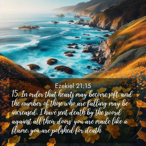 BasicEnglish Ezekiel  ; image nature: image with the bible verse :In order that hearts may become soft, and the number of those who are falling may be increased, I have sent death by the sword against all their doors: you are made like a flame, you are polished for death. ; Explore beautiful Bible verse images paired with serene natural settings, such as calm seas, snowy paths, and verdant hills. Each image is free to download for your spiritual inspiration. Share KJV Ezekiel 21:15. Current verse is overlayed with the thematic nature scene : Wild mustard flowers carpet coastal cliffs. Pacific waves provide endless percussion below. ; 21:15