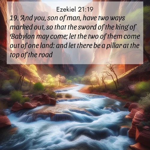 BasicEnglish Ezekiel  ; image nature: image with the bible verse :And you, son of man, have two ways marked out, so that the sword of the king of Babylon may come; let the two of them come out of one land: and let there be a pillar at the top of the road: ; Dive into our collection of Bible verse images combined with sublime nature photos, such as graceful waterfalls, radiant sunsets, and endless meadows. These compositions highlight the peace and harmony of God&#039;s creation with vivid colors and carefully integrated text. Download and share verses like KJV Ezekiel 21:19. Current verse is overlayed with the thematic nature scene : Spring floods transform a desert canyon into a rushing river. ; 21:19