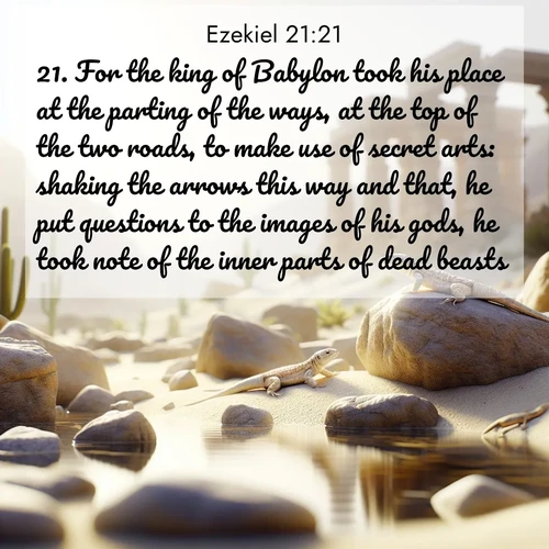 BasicEnglish Ezekiel  ; image nature: image with the bible verse :For the king of Babylon took his place at the parting of the ways, at the top of the two roads, to make use of secret arts: shaking the arrows this way and that, he put questions to the images of his gods, he took note of the inner parts of dead beasts. ; Download inspiring Bible verse images featuring stunning natural vistas, from tropical islands to rolling hills. These free images make perfect wallpapers or gifts. Share verses like KJV Ezekiel 21:21. Current verse is overlayed with the thematic nature scene : Desert lizards bask on sun-warmed rocks near ancient ruins. ; 21:21