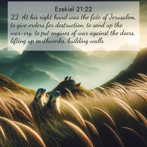 BasicEnglish Ezekiel  ; image nature: image with the bible verse :At his right hand was the fate of Jerusalem, to give orders for destruction, to send up the war-cry, to put engines of war against the doors, lifting up earthworks, building walls. ; Download inspiring Bible verse images featuring stunning natural vistas, from tropical islands to rolling hills. These free images make perfect wallpapers or gifts. Share verses like KJV Ezekiel 21:22. Current verse is overlayed with the thematic nature scene : Mountain meadow grasses bend in wind. Marmots whistle from rocky outcrops. ; 21:22