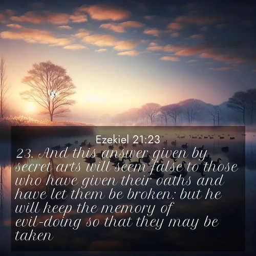 BasicEnglish Ezekiel  ; image nature: image with the bible verse :And this answer given by secret arts will seem false to those who have given their oaths and have let them be broken: but he will keep the memory of evil-doing so that they may be taken. ; Explore beautiful Bible verse images paired with serene natural settings, such as calm seas, snowy paths, and verdant hills. Each image is free to download for your spiritual inspiration. Share KJV Ezekiel 21:23. Current verse is overlayed with the thematic nature scene : Wild geese rest on still waters. Dawn mist rises like dreams. ; 21:23