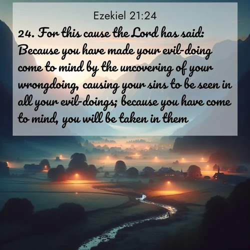 BasicEnglish Ezekiel  ; image nature: image with the bible verse :For this cause the Lord has said: Because you have made your evil-doing come to mind by the uncovering of your wrongdoing, causing your sins to be seen in all your evil-doings; because you have come to mind, you will be taken in them. ; Explore an inspiring selection of Bible verse images adorned with nature photos, such as starry skies, verdant hills, and golden beaches. Each image reflects the peace and beauty of God&#039;s creation with vibrant colors and varied fonts. Share uplifting verses like KJV Ezekiel 21:24. Current verse is overlayed with the thematic nature scene : Morning mist rises from valley streams. Birdsong heralds the dawn chorus. ; 21:24